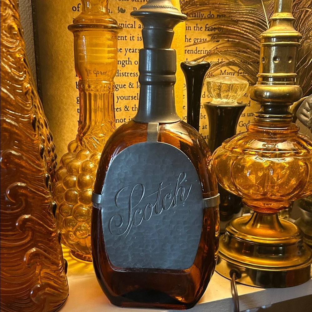 Vintage Queen's Art Amber Glass & Pewter Scotch Decanter